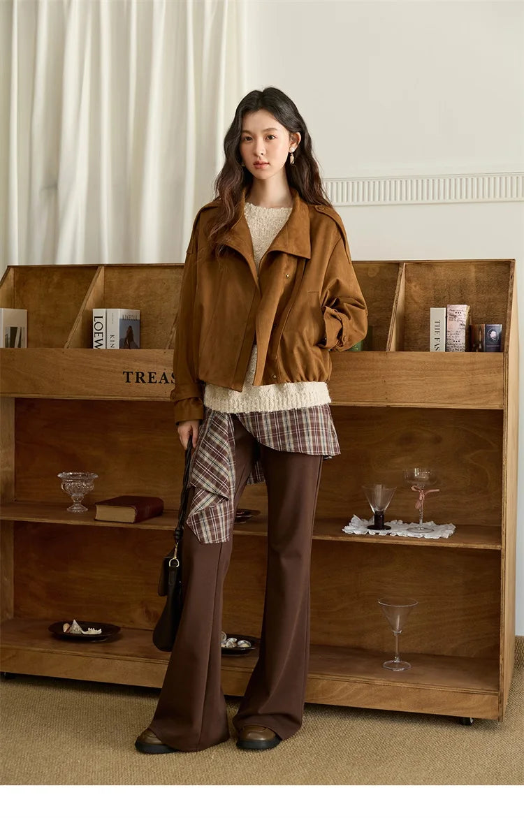 MISHOW Vintage Suede Short Jacket Brown Lapel Zipper MXE45W0869