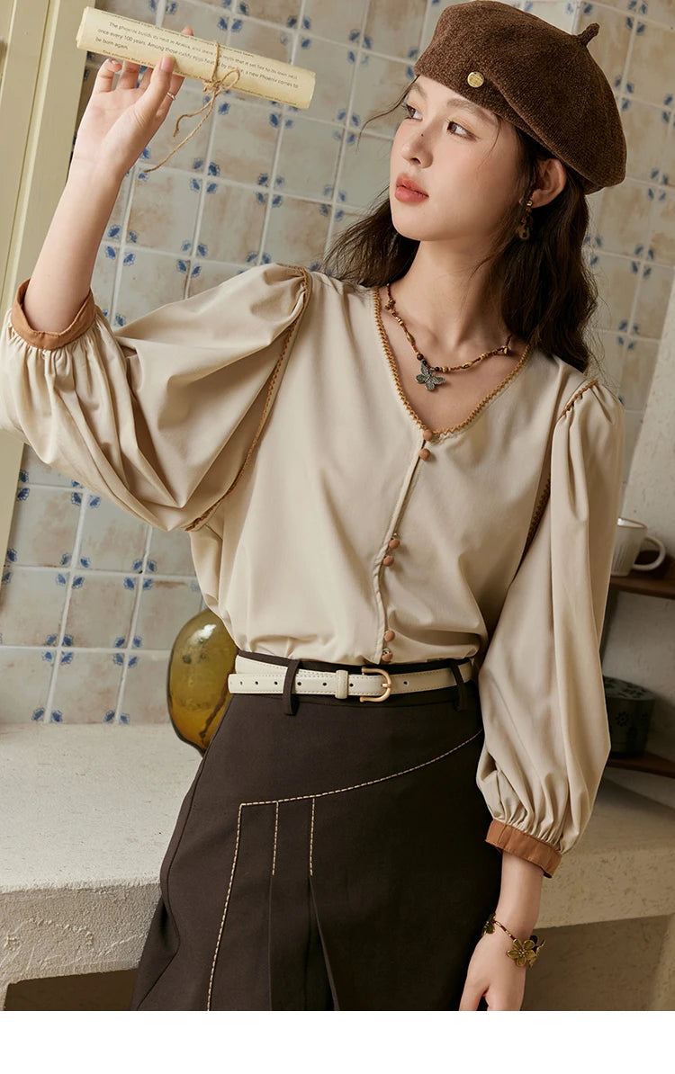 MISHOW French Retro V-Neck Shirt Lantern Sleeve Double Button MXD26X1597