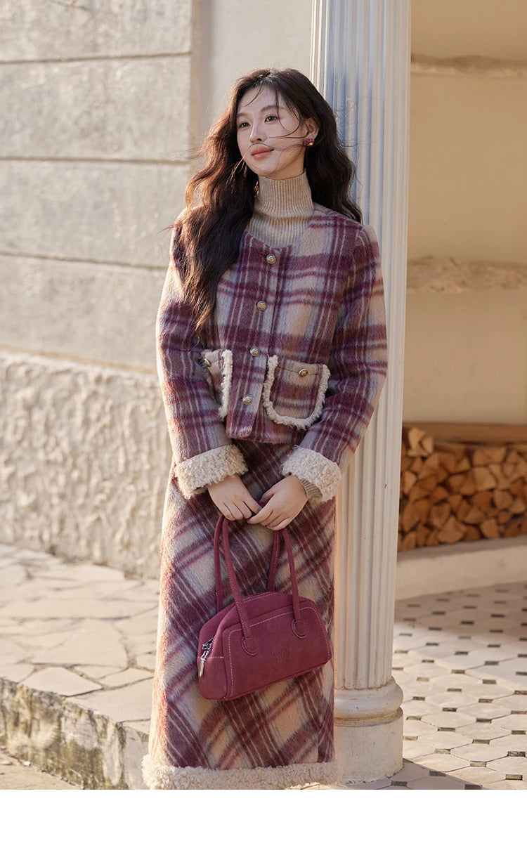 Mishow Plaid Tweed Jacket & Midi Skirt Set MXD54W0562