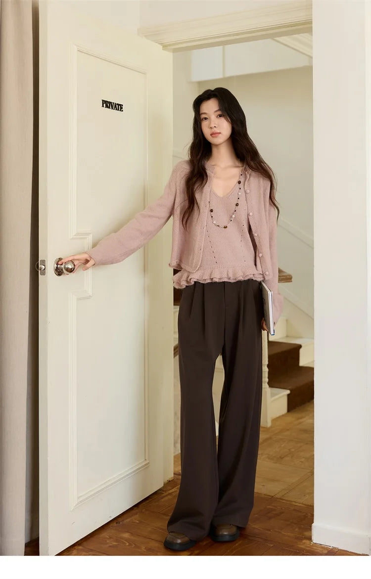Mishow Pink Crew Neck Cardigan & Suspenders Set MXE48T1404
