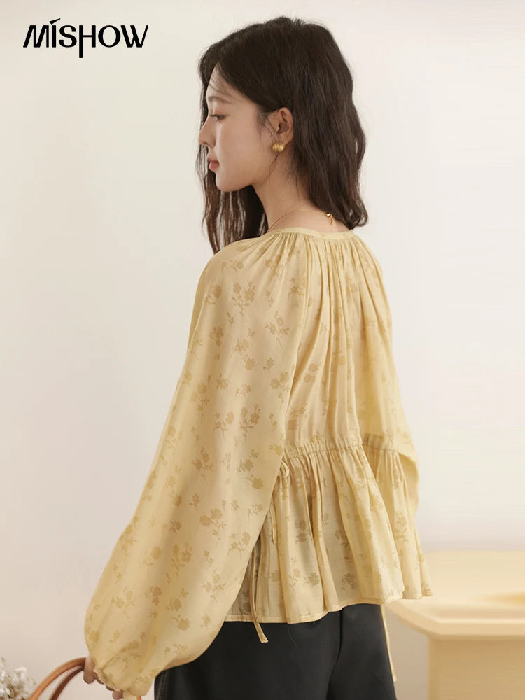 MISHOW Yellow Print Shirt Lantern Sleeve Drawstring Waist MXE45X2499