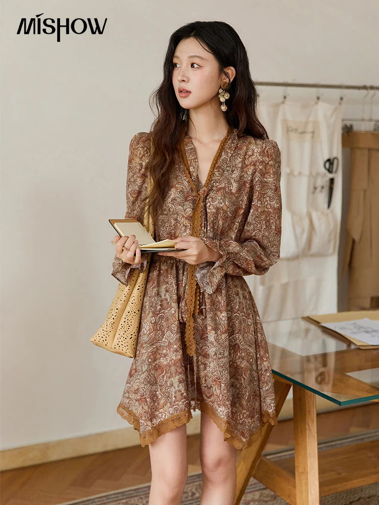 MISHOW French Vintage Printed Long-Sleeve Dress MXE46L2518