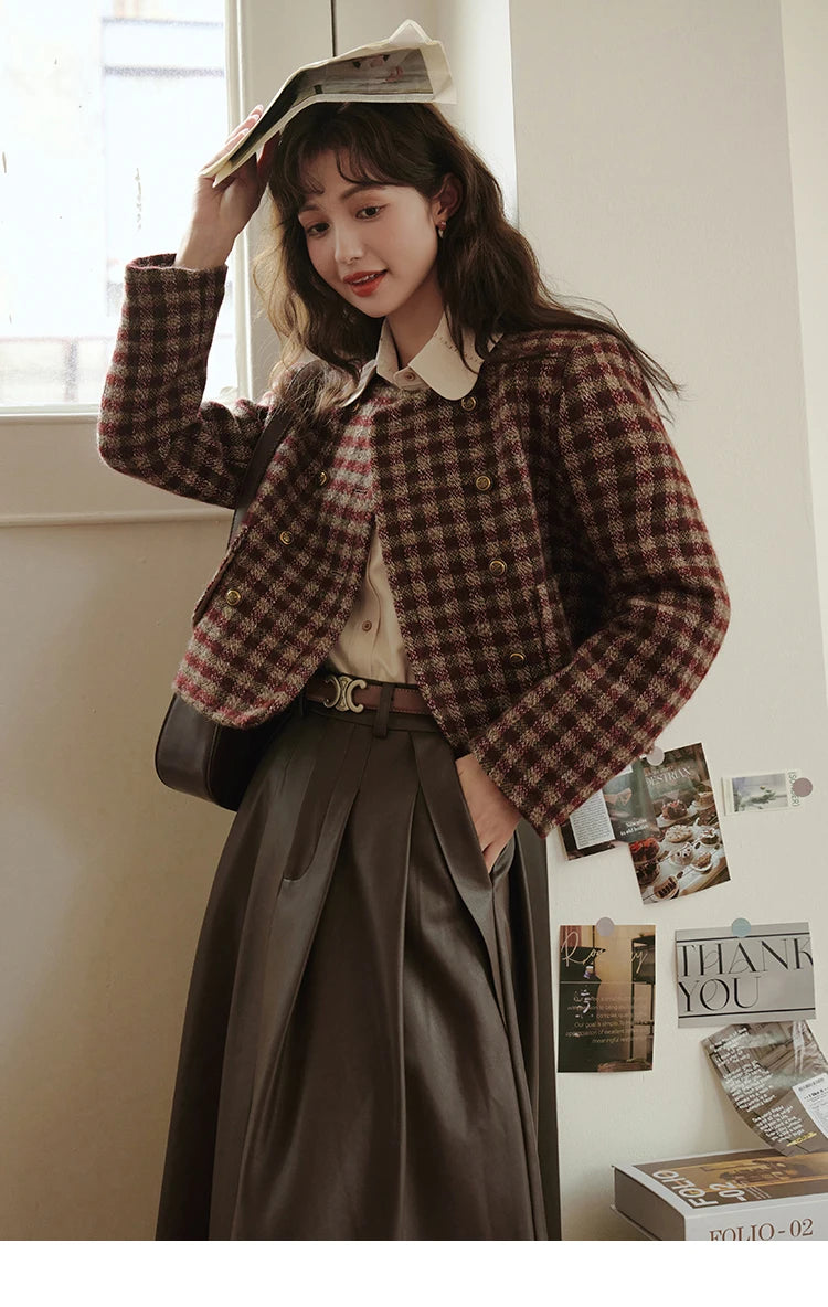 Mishow Vintage French Crop Plaid Woolen Top MXC48W0175