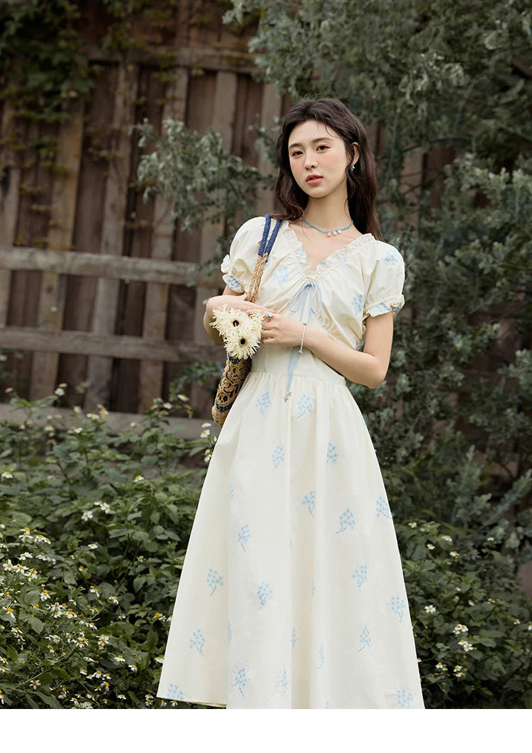 Mishow French Print Puff Sleeve Cotton Dress MXE32L2210