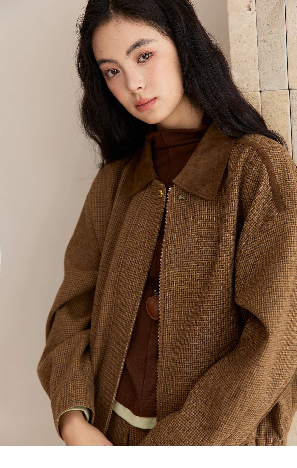 Mishow Plaid Zipper Jacket & Mini Pleated Skirt Set MXE49T1393