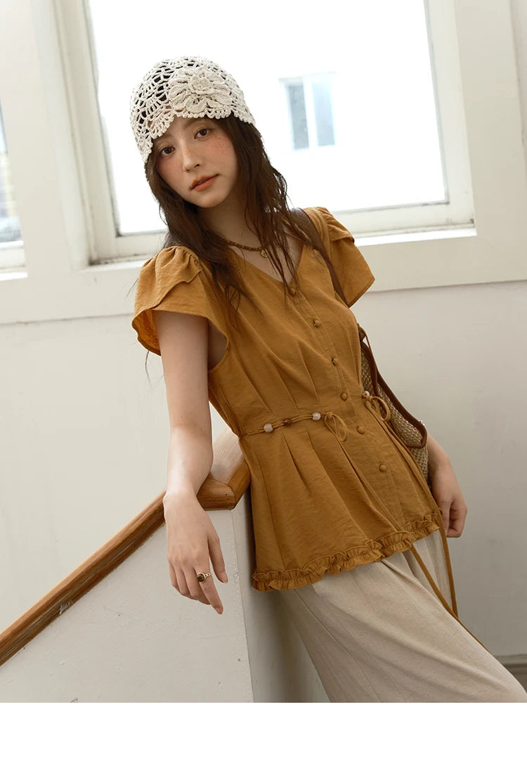 MISHOW Petal Sleeve Slim Shirt V-Neck Bead Belt MXE39X1881