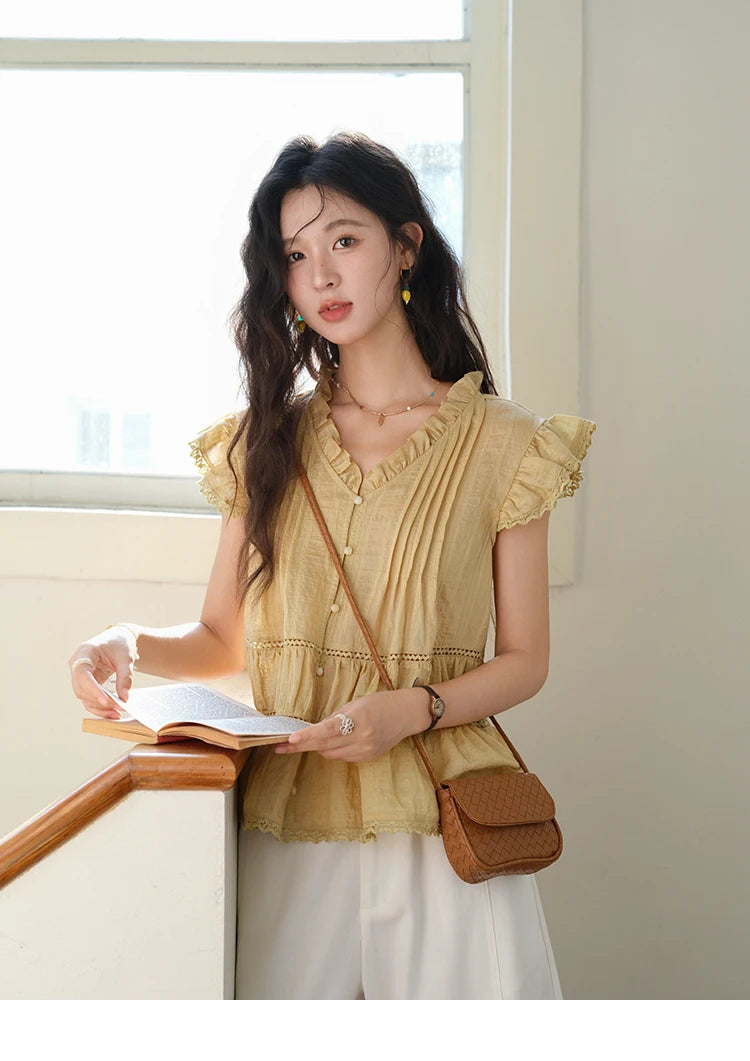 MISHOW Wood Ear V-Neck Shirt Flying Sleeve Wrinkle Spliced MXE37X1908