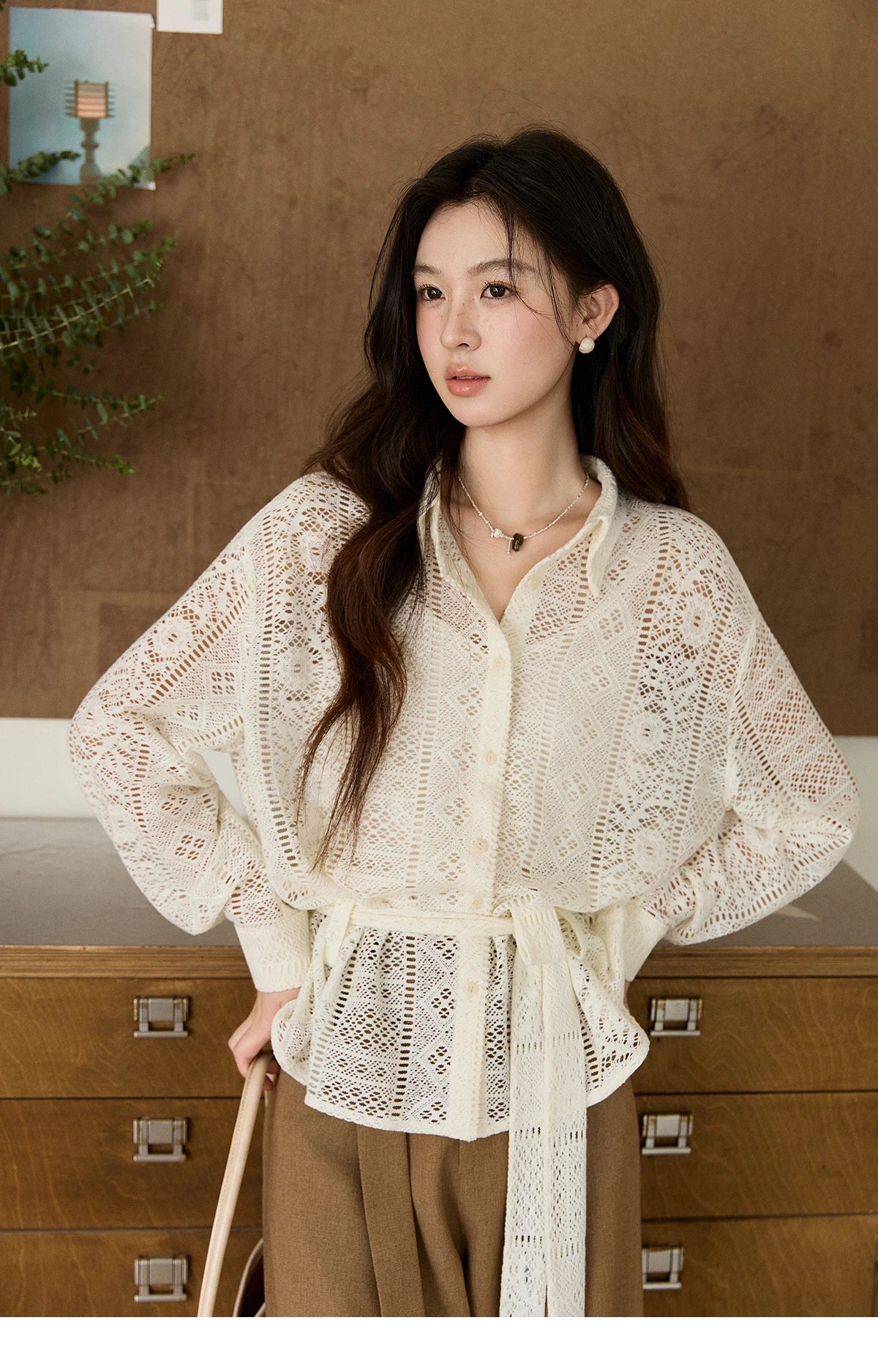 MISHOW Hollow Lace Shirt Camisole Set Drawstring Waist MXF108C0816