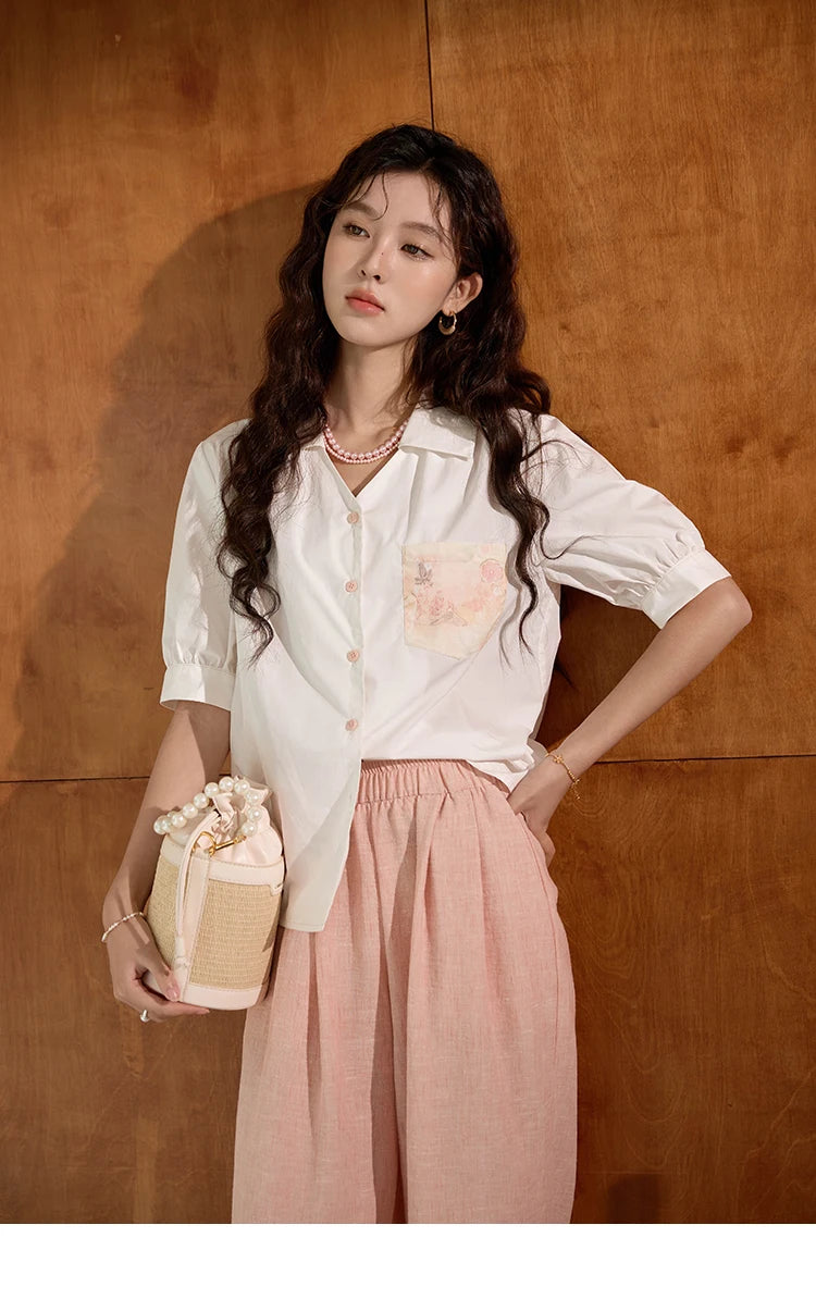 MISHOW Cotton Short Sleeve Shirt Embroidered Pocket Puff Sleeve MXD26C0243
