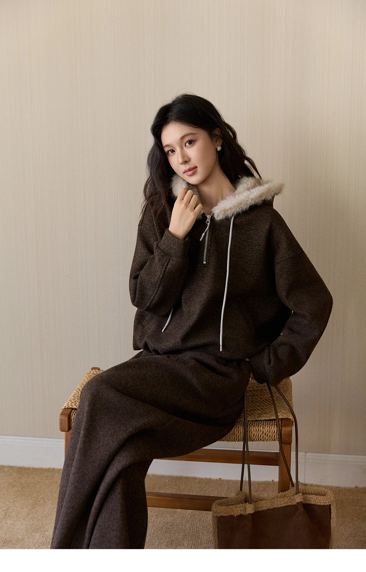Mishow Brown Faux Fur Hood Sweatshirt & Wide Leg Pants Set MXE94T1476