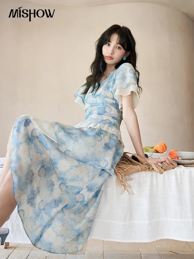 Mishow Van Gogh Double Layer Sleeve Asymmetrical Dress MXC39L1527