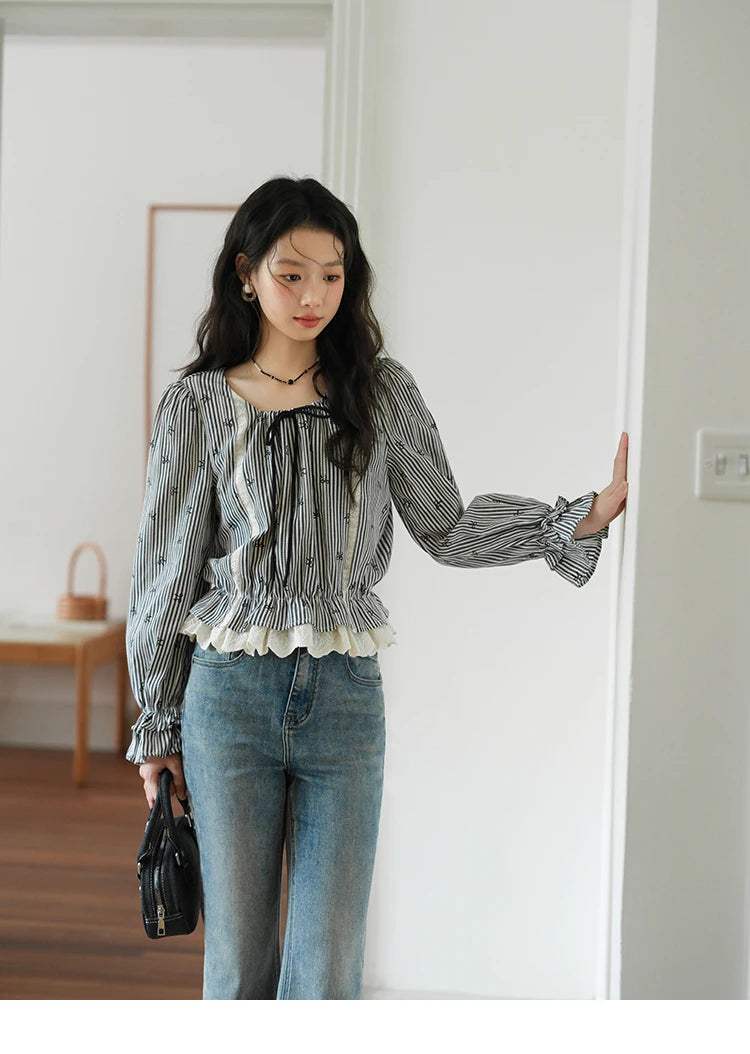 MISHOW Black Striped Blouse Lace-Up Bow Round Collar MXE41X1948