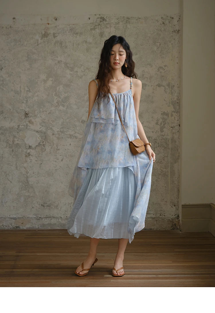 Mishow Print Strap Multi Layer Ruffle Dress MXE35L2233