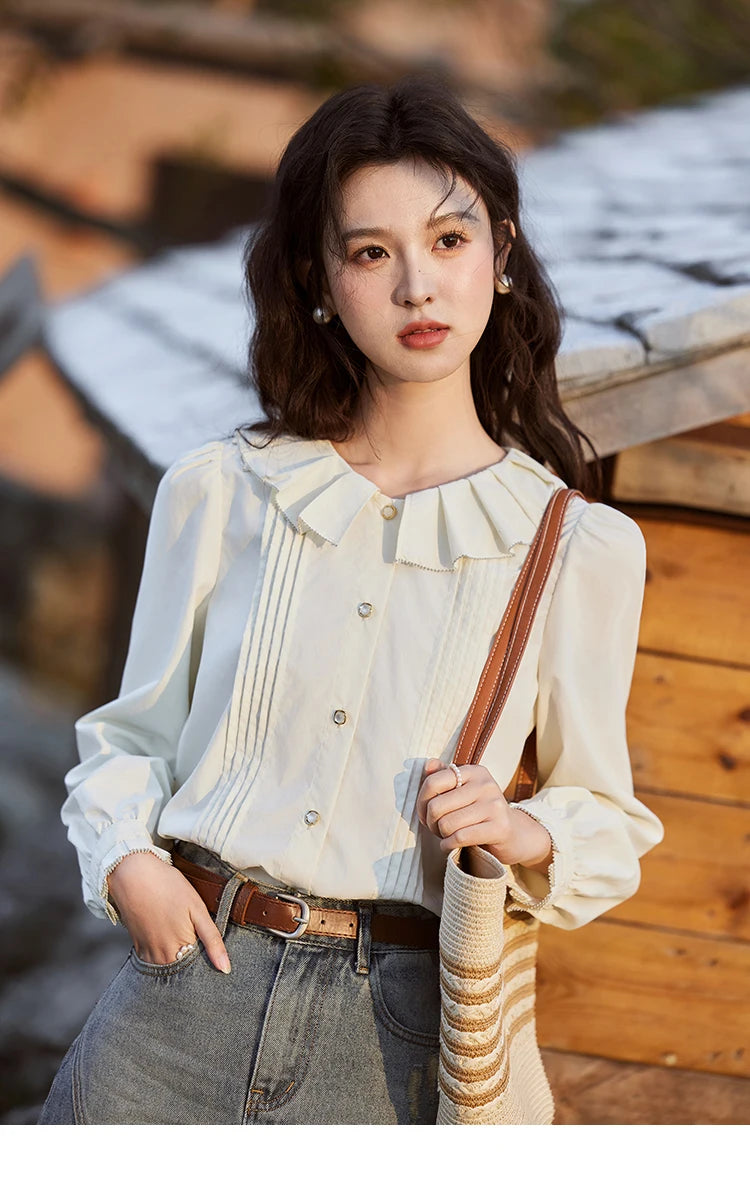 MISHOW Tucker Pleats Doll Neck Shirt Ruffled O Neck MXE12C0401