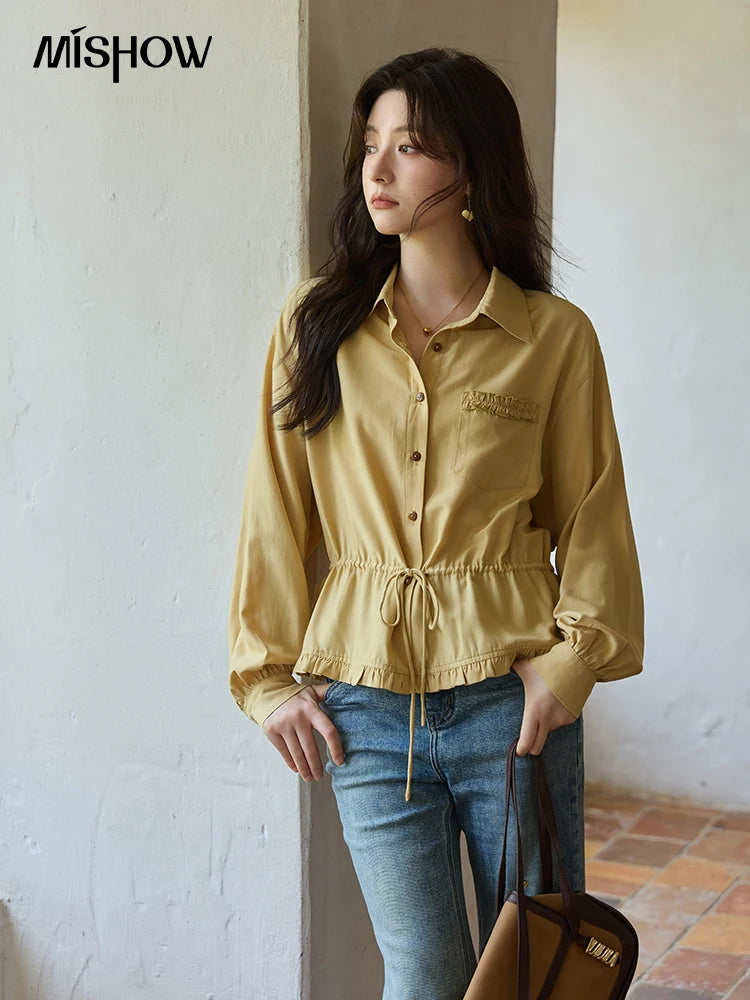 MISHOW Yellow Drawstring Waist Shirt Lapel Lantern Sleeve MXE42C2368