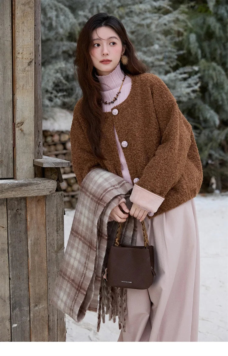 MISHOW Brown Wool Quilted Coat Round Neck Short Loose MXE87W0935