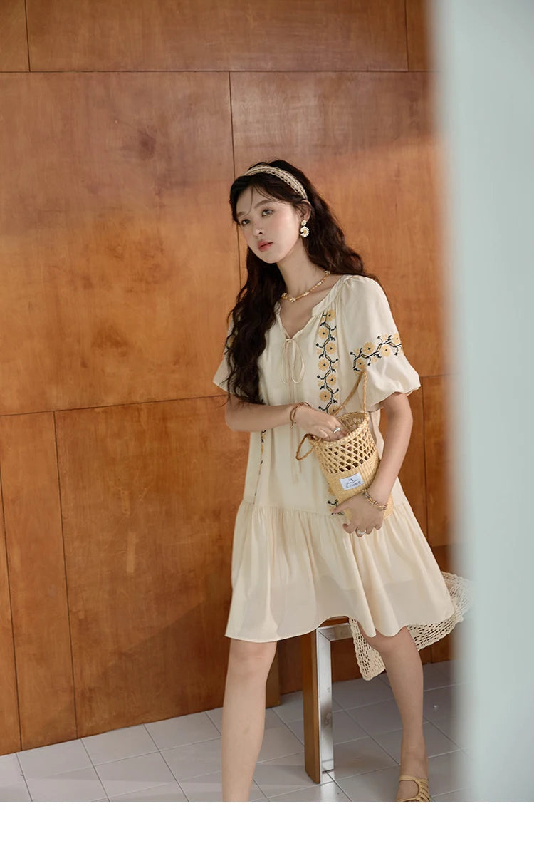 Mishow Korean Sunflower Embroidery Lace-Up Doll Dress MXD30L1959