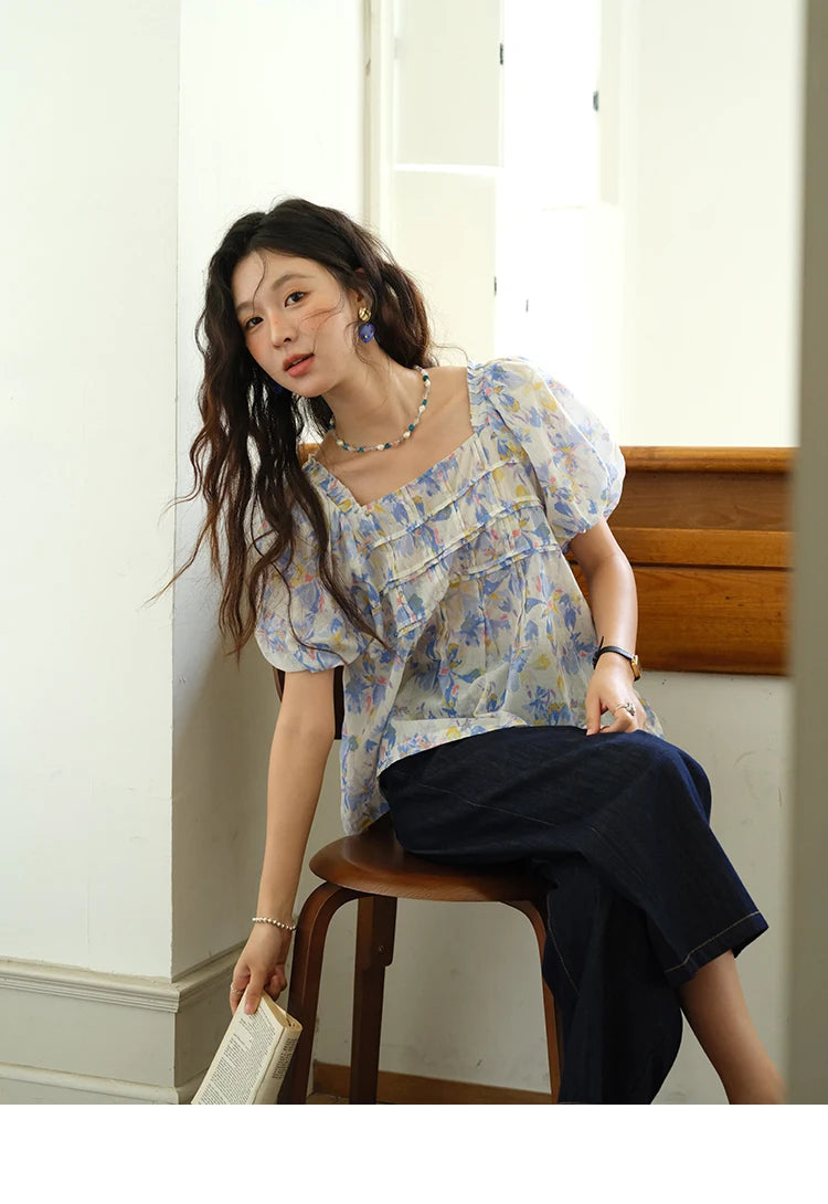 MISHOW Square Neck Puff Sleeve Blouse Print Top MXE39X1937