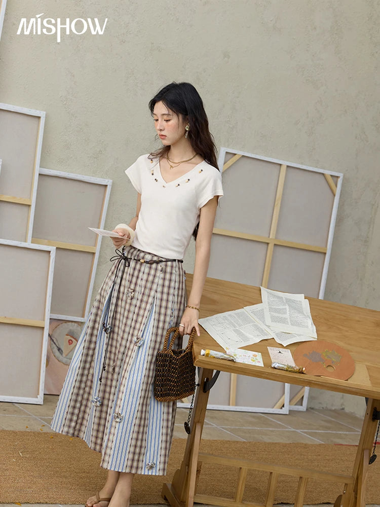 MISHOW Retro Plaid Patchwork Pleats Skirt A-LINE Slim MXE35B0726