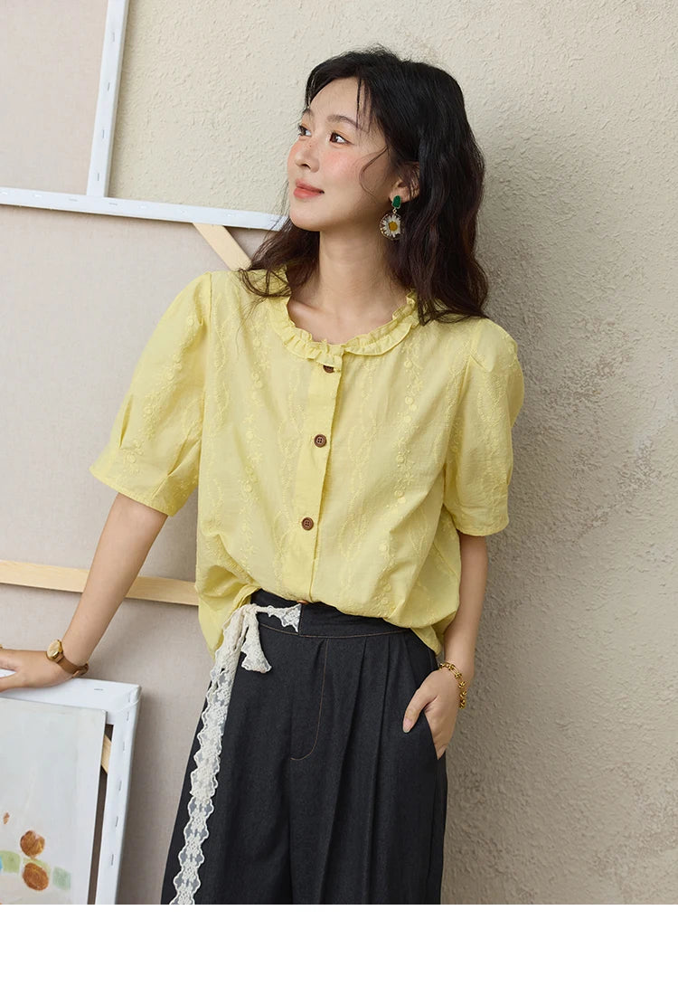MISHOW 100% Cotton Puff Sleeve Shirt Round Neck Button MXE36X1873