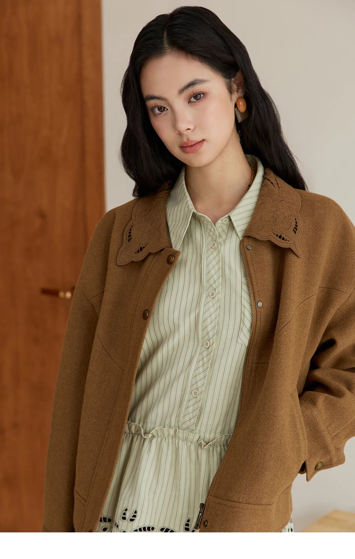 Mishow Brown Hollow Out Embroidery Woolen Coat MXE49W0856