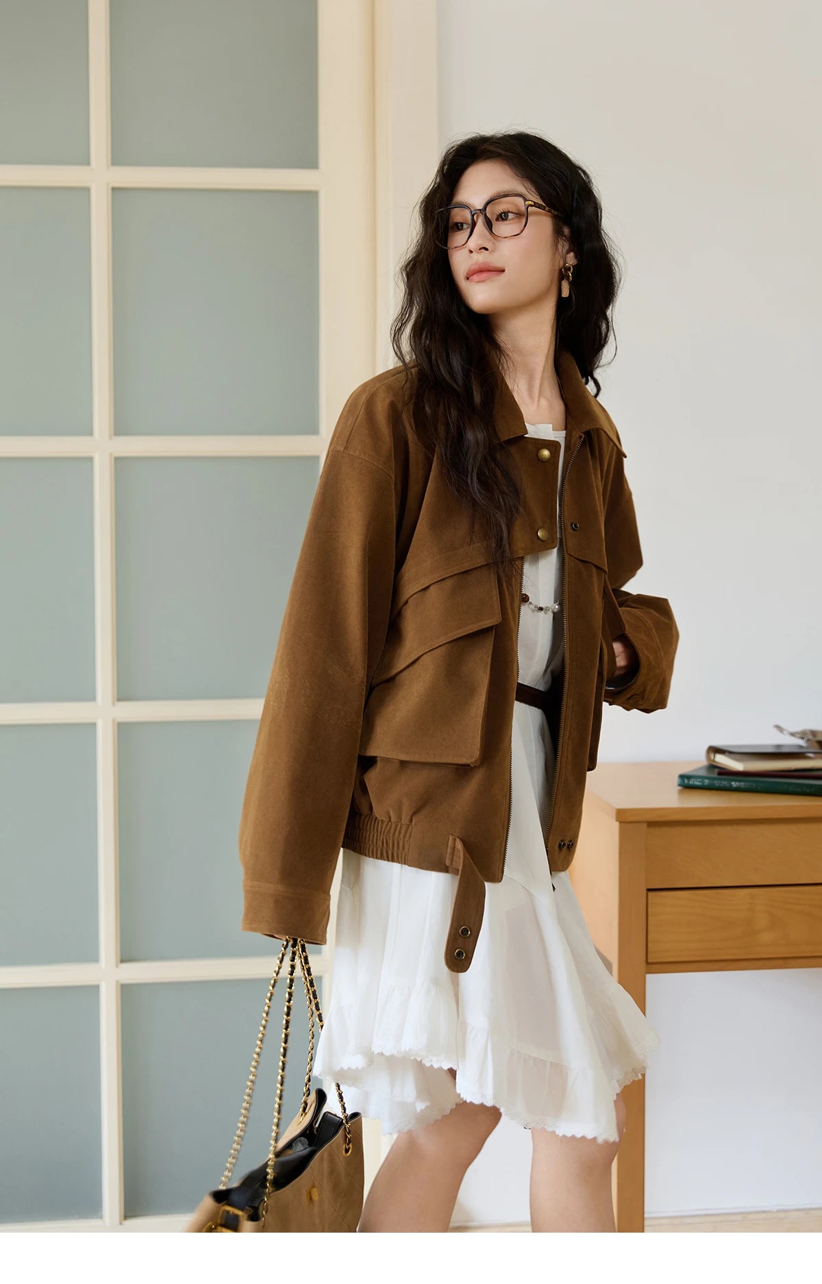 MISHOW Suede Retro Brown Jacket Pocket Zipper Loose Lapel MXE46W0866