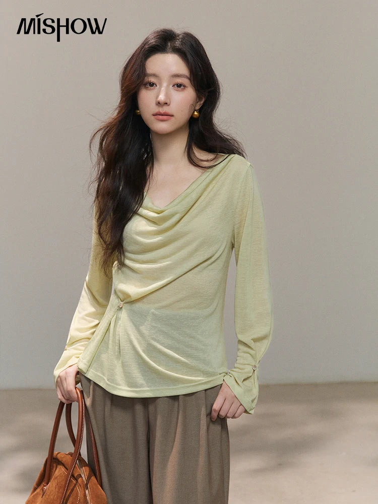 Mishow Multi Colored Swinging Collar Flare Sleeve Top MXF13T1473