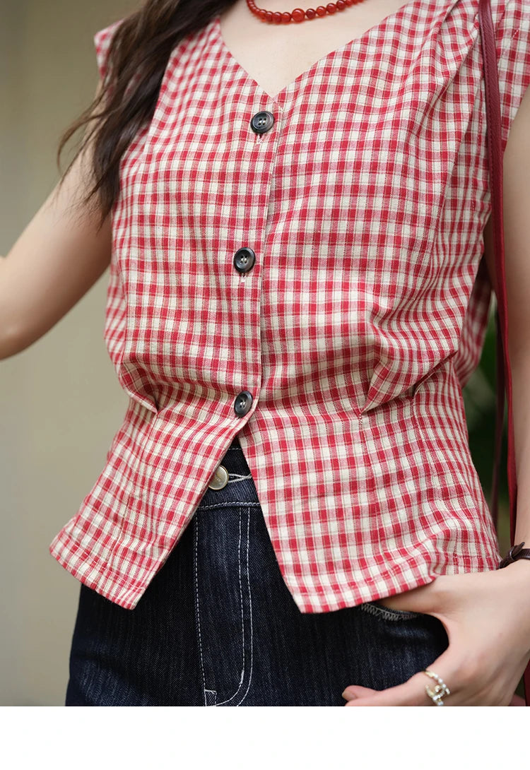 MISHOW Red Plaid V-Neck Shirt Button Front MXE37X1921
