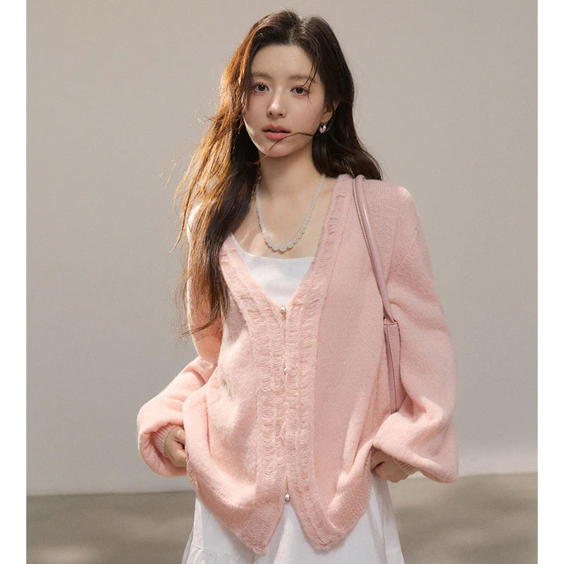 Mishow Pink Ruffled Pearl Button V-Neck Cardigan MXF108Z1028