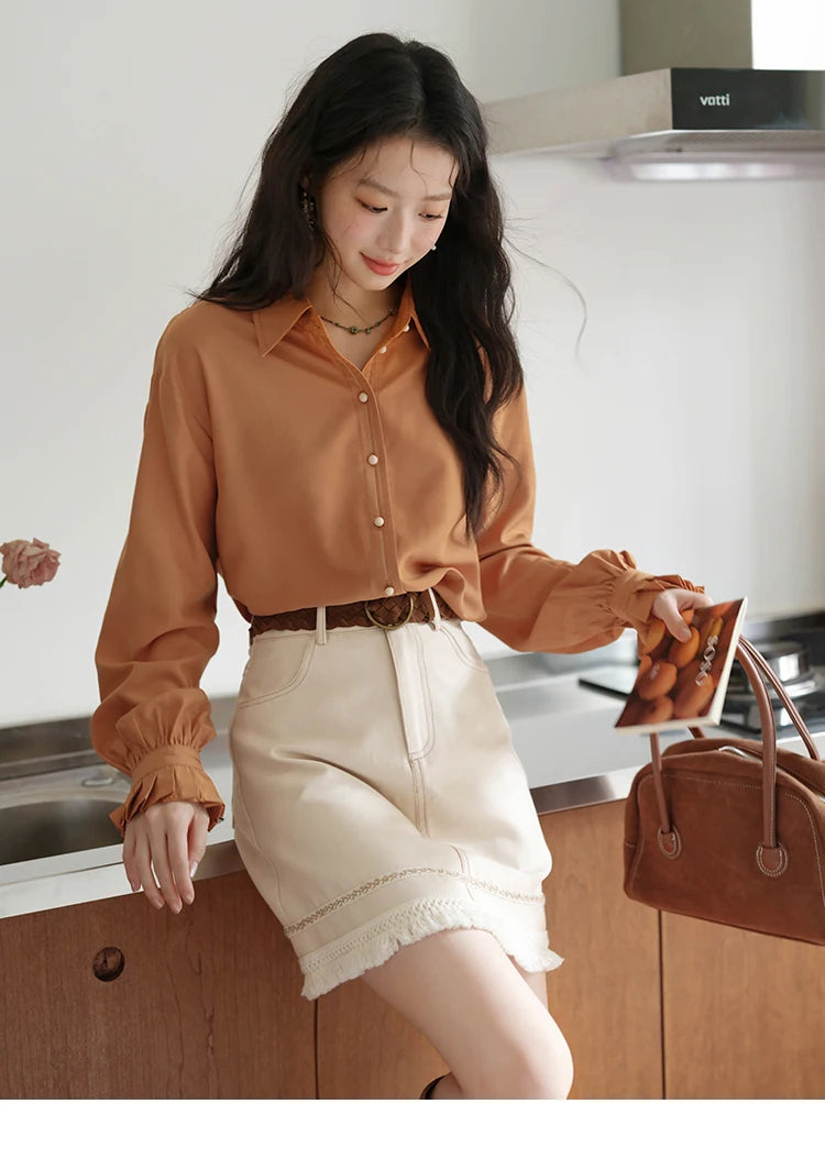 MISHOW Women's Color Block Shirt Pleated Cuffs Lapel Top MXE41C2352