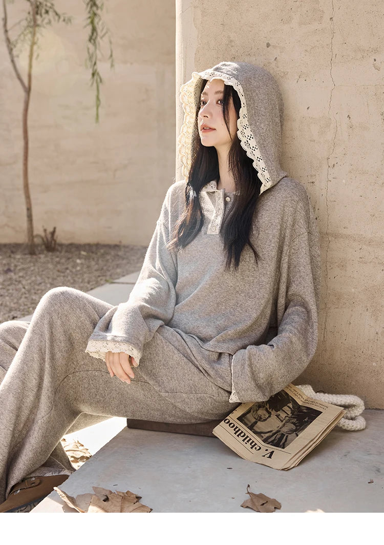 Mishow Lace Splicing Hooded Sweatshirt & Wide Leg Pants Set MXD34V0098