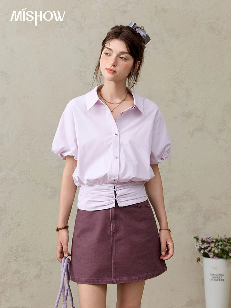 MISHOW Purple Cotton Blouse Turn-Down Collar Short Sleeve MXE32X1794