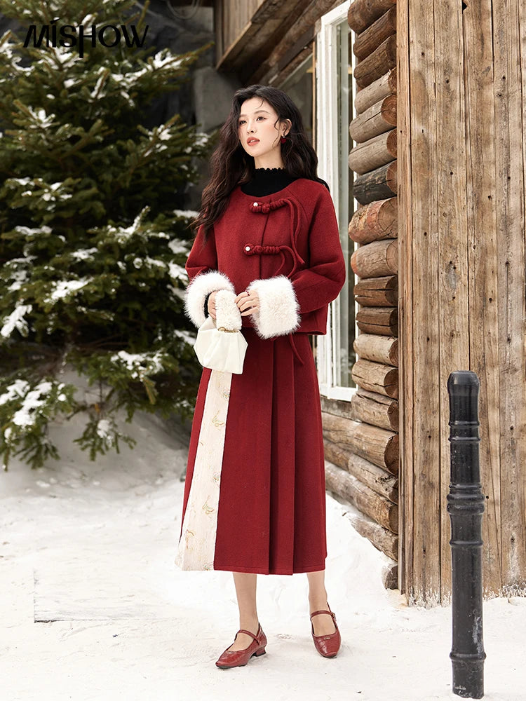 Mishow Tweed Jacket with Removable Fur Collar & Pleated Skirt Set MXD59W0609