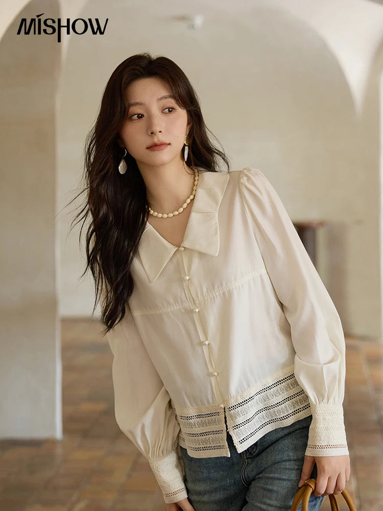 MISHOW French Lace Patchwork Shirt Butterfly Collar Lantern Sleeves MXE41C2357