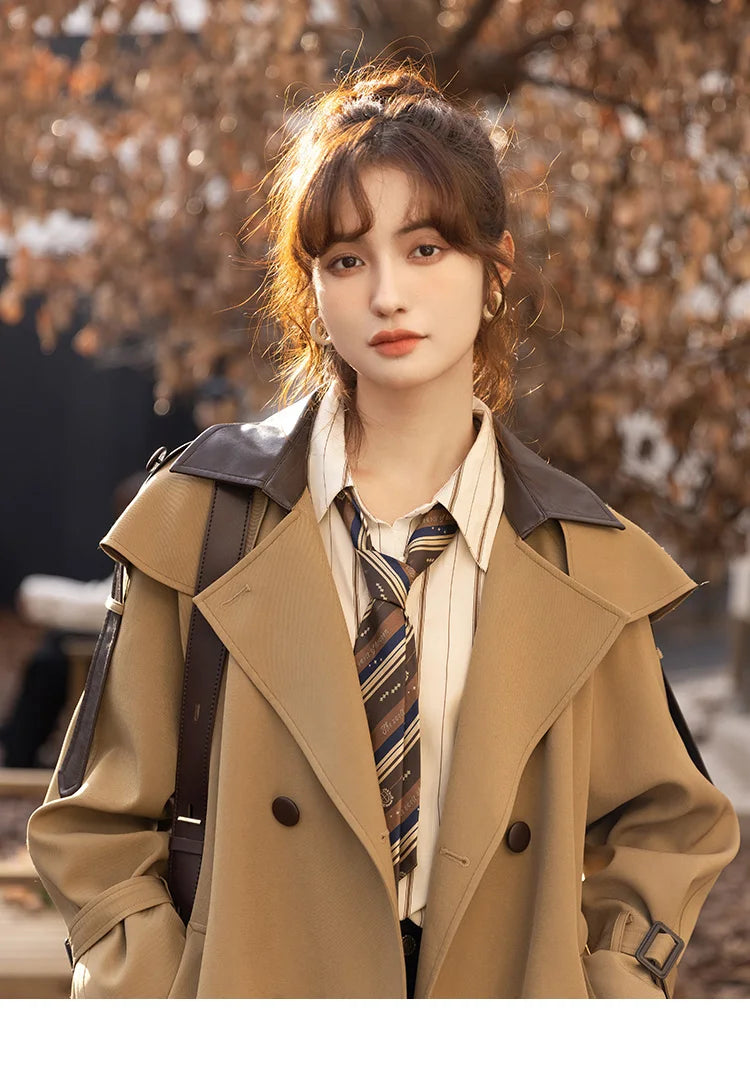 Mishow Polo Collar Patchwork Long Trench Coat MXB33W0399