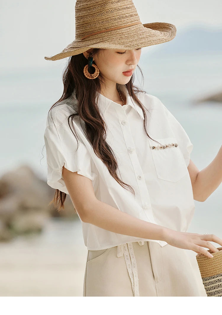 MISHOW Short Puff Sleeve Blouse Turn Down Collar Shell Ribbon MXE33C0773