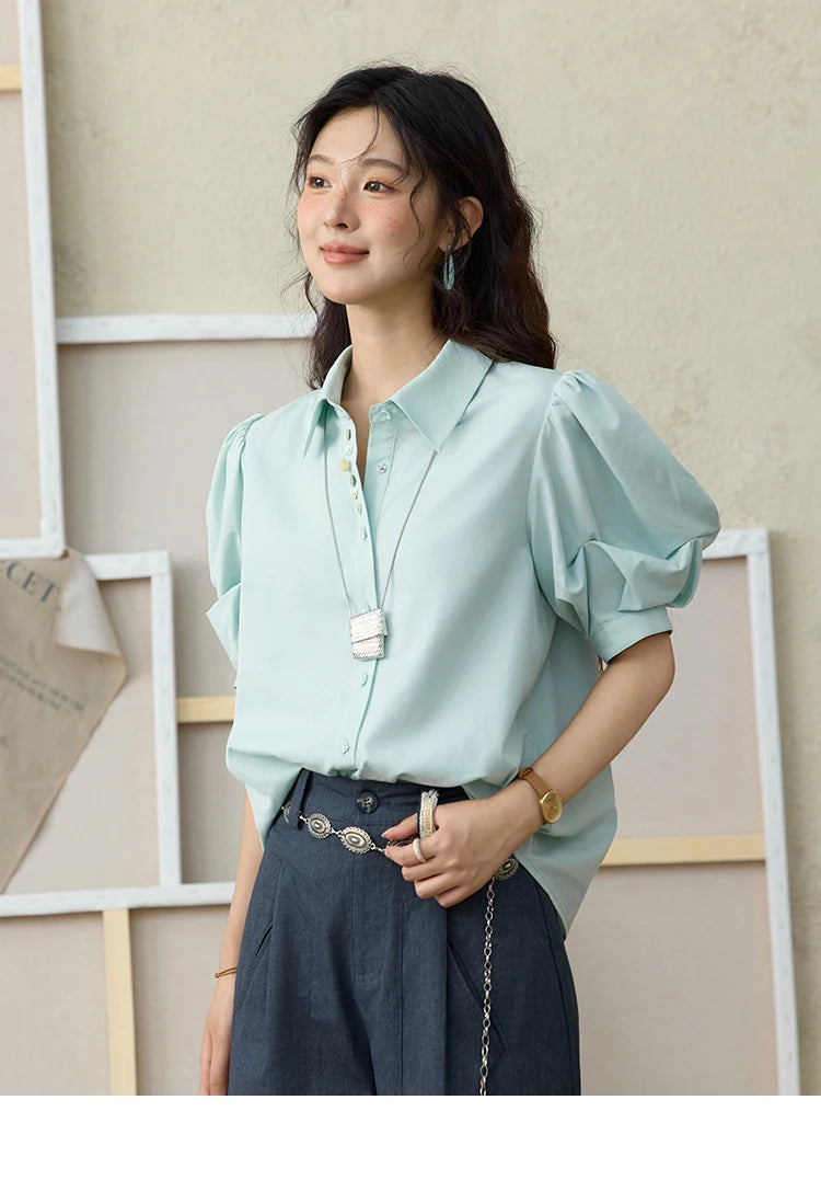 MISHOW Light Green Bubble Sleeve Shirt Lapel Collar Irregular Buttons MXE34C0788