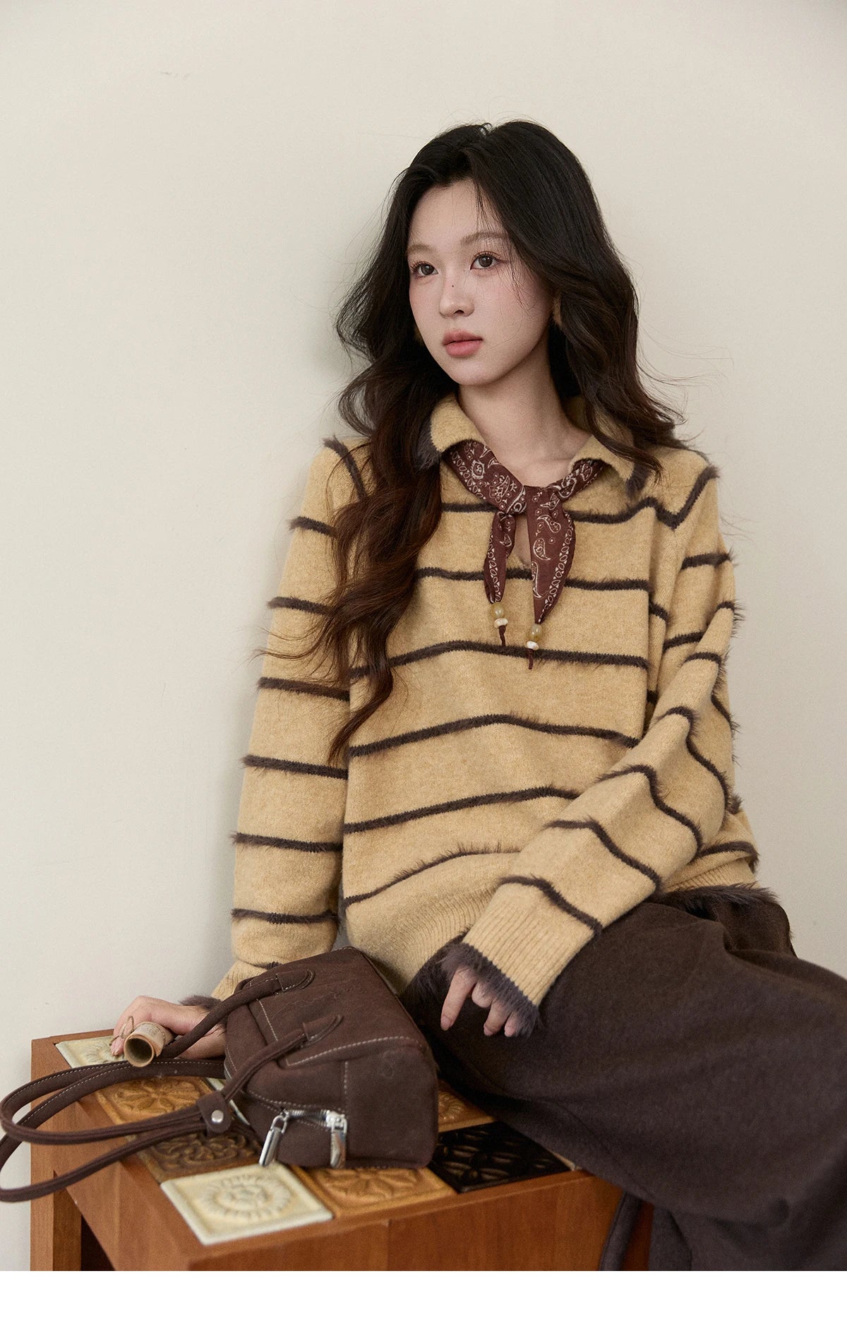 Mishow Faux Mink Fur Striped Lapel Tassel Sweater MXE93Z2945