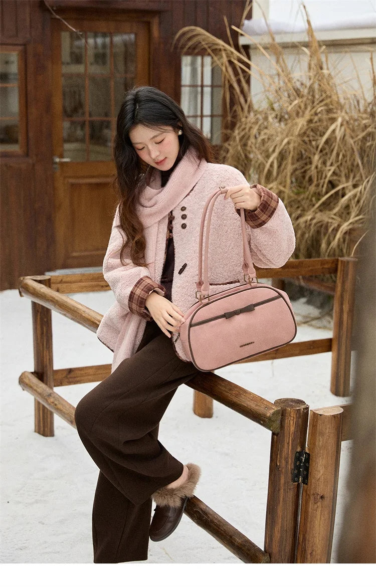 Mishow Plaid Patchwork Lamb Wool Round Neck Coat MXE90W0923