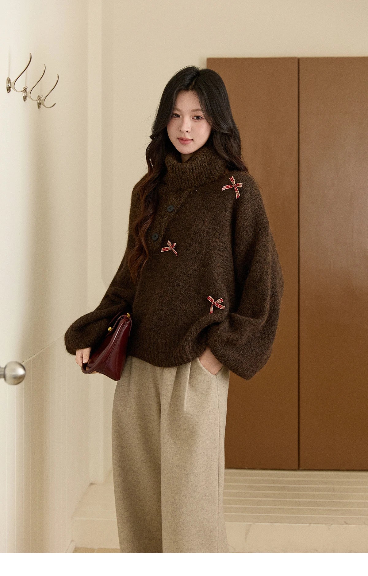 Mishow French Plaid Bow Detachable Shawl Collar Sweater MXE93Z2946