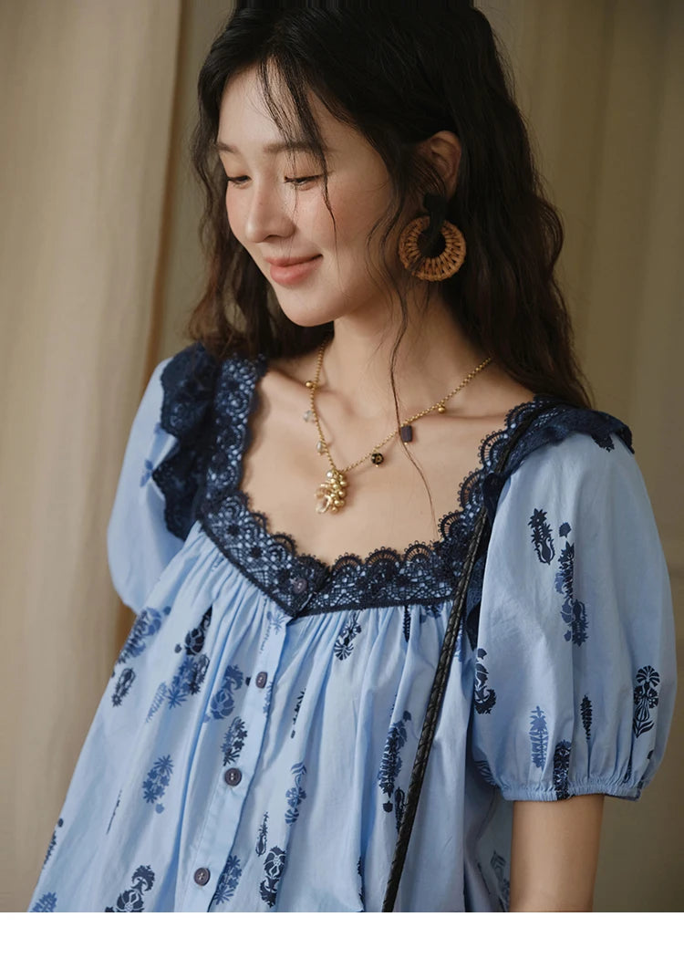 MISHOW Print Cotton Shirt Puff Sleeve Lace Splicing MXE35X1842