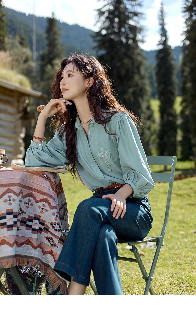 MISHOW Retro Long Sleeve Shirt Lantern Sleeve Embroidery MXD41C0287