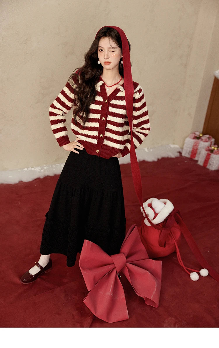 Mishow Christmas Red Striped Wool Blend Cropped Cardigan MXD58Z1038
