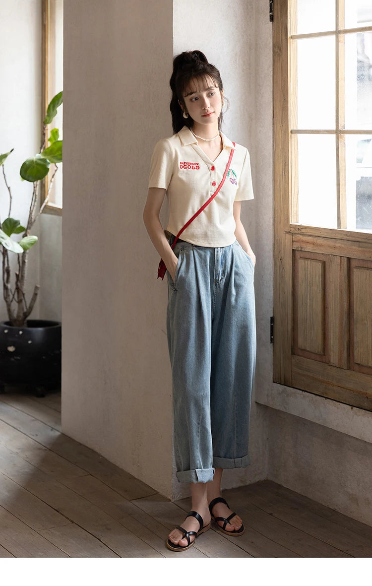 Mishow Korean Polo Collar Embroidery Letter Tee MXB32T0477