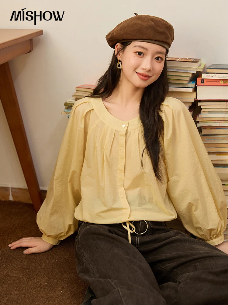 MISHOW Light Yellow Pleated Shirt Drawstring Hem Lantern Sleeve MXE45X2490