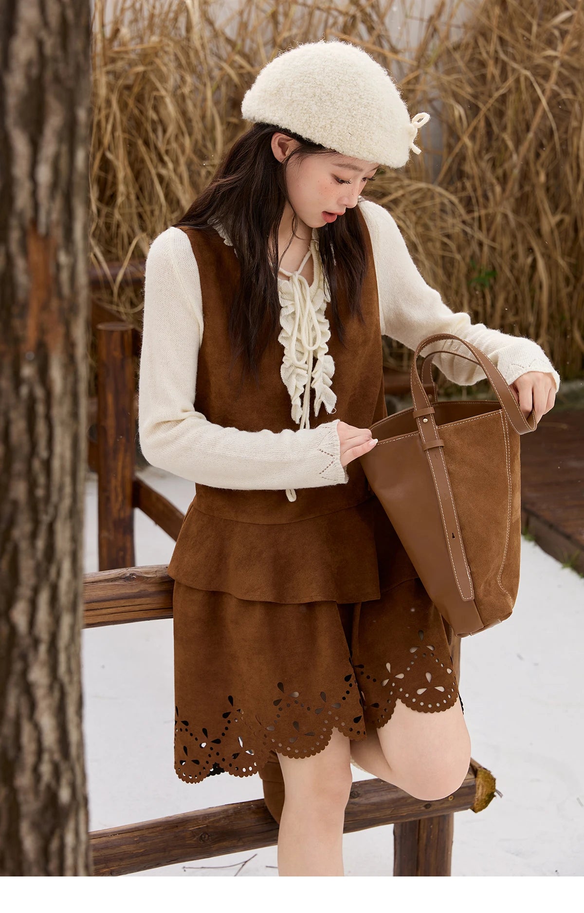 Mishow Brown Retro Suede Hollow Out Vest Dress MXE51L2524