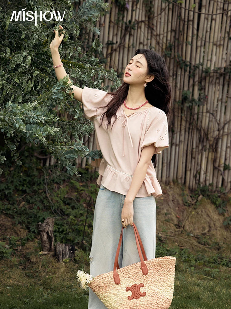 MISHOW Puff Sleeve Blouse Round Neck Hollow Embroidery MXE31X1747