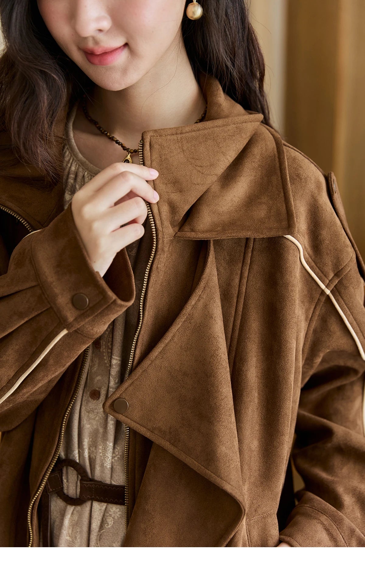 MISHOW Brown Suede Short Jacket Split Turn Down Collar MXE48W0850