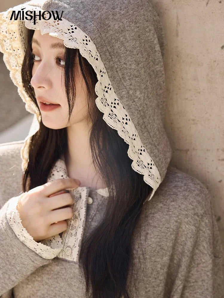 Mishow Lace Splicing Hooded Sweatshirt & Wide Leg Pants Set MXD34V0098