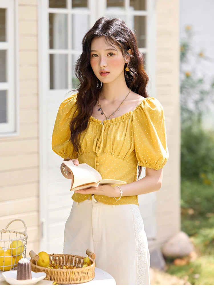 MISHOW Yellow Polka Dot One Shoulder Blouse Back Elastic Lace-Up MXE35X1840